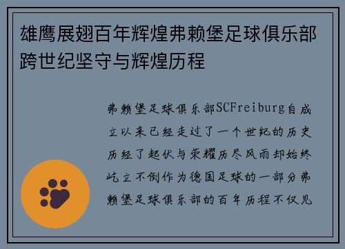 雄鹰展翅百年辉煌弗赖堡足球俱乐部跨世纪坚守与辉煌历程